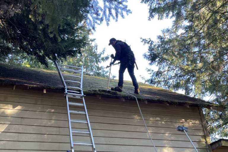 Peaks & Valleys crew soft-wash treating a moss-covered roof instead of replacing it